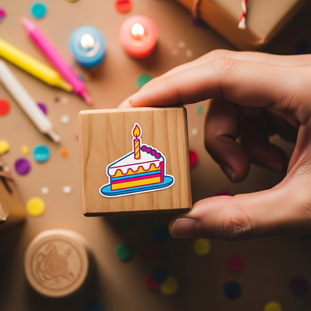 Hand holding wooden block with birthday cake sticker and candleの素材