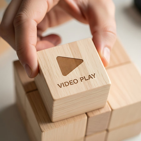 Hand placing wooden block with video play symbol and textの素材