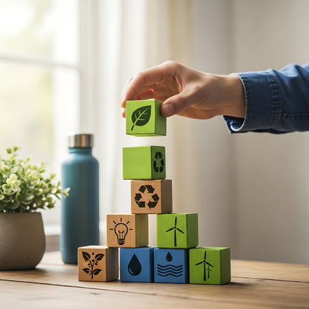 Hand stacking wooden block with green leaf icon for sustainabilityの素材