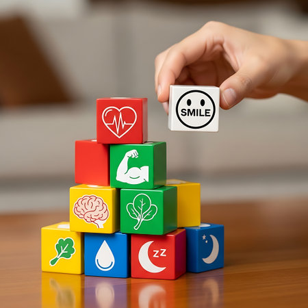 Hand placing a block with a smile face on a health concept towerの素材