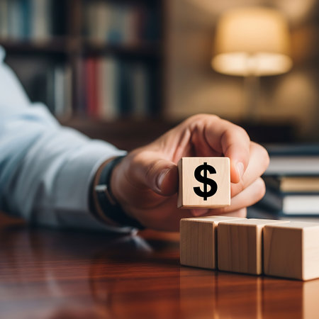 Hand placing wooden block with dollar sign on tableの素材