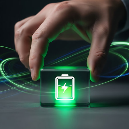 Hand interacting with glowing green battery icon on digital cubeの素材