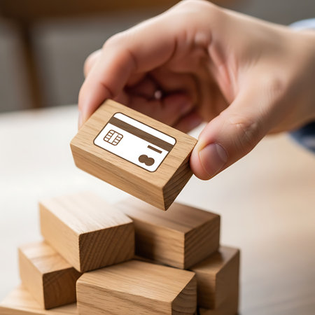 Hand placing wooden block with credit card icon on stackの素材