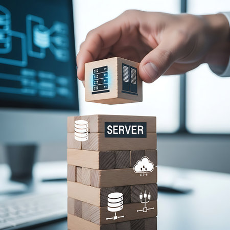 Hand placing wooden block with server icon on jenga towerの素材