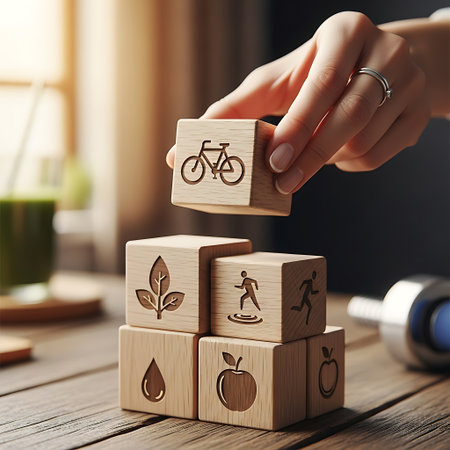 Hand placing wooden block with bicycle icon for healthy lifestyleの素材