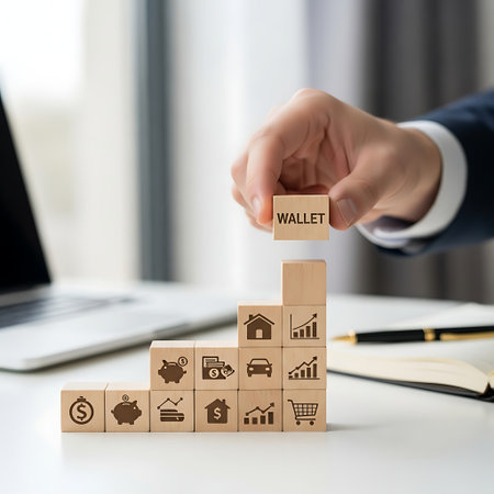 Hand placing wallet block on growing financial investment chartの素材