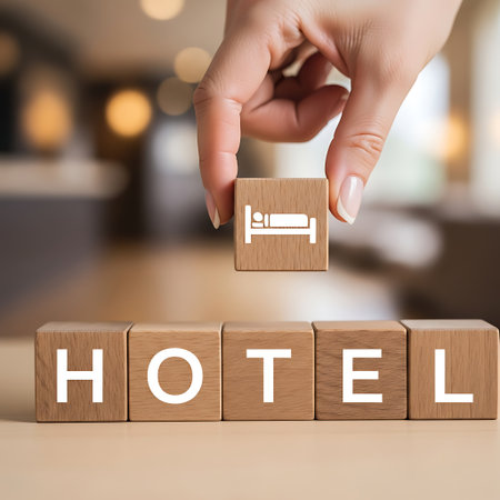 Hand placing wooden block with bed icon above word hotelの素材