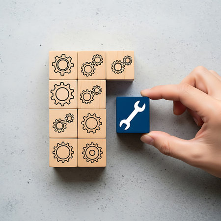 Hand placing wrench icon block into gear mechanism puzzleの素材
