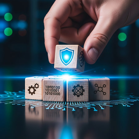 Hand placing wooden block with shield icon for cyber securityの素材