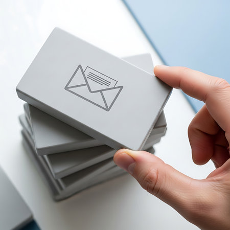 Hand taking one gray card with email icon from a stackの素材