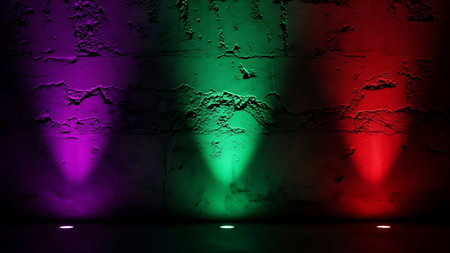 Three colored spotlights illuminate a dark, textured concrete wallの素材