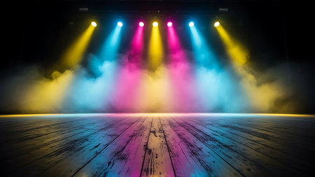 Empty stage with vibrant colored spotlights and smoke ready for performanceの素材