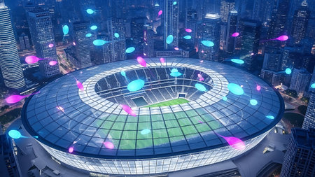 Futuristic stadium in a glowing digital city with abstract light effectsの素材