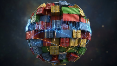 Global logistics concept with shipping containers forming a sphereの素材