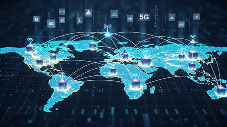Global 5g network connection and data transfer across the world mapの素材