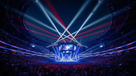 Vibrant concert stage with bright spotlights illuminating a large crowdの素材