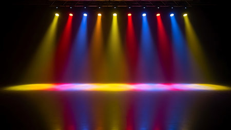 Colorful stage lighting beams shining down onto a dark floorの素材