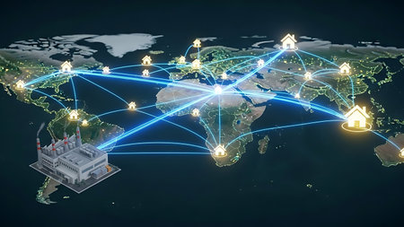 Global network connecting houses and a central building on mapの素材
