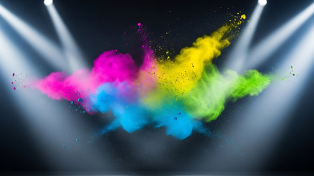 Colorful powder explosion under bright stage spotlights on dark backgroundの素材