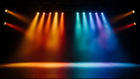 Empty stage illuminated by dramatic, colorful spotlights in a dark roomの素材