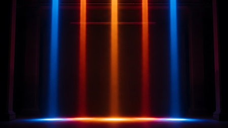 Abstract background with vertical blue and orange light beams on dark stageの素材