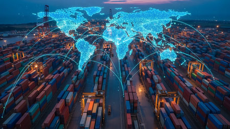 Aerial view of global logistics network over shipping containers at nightの素材