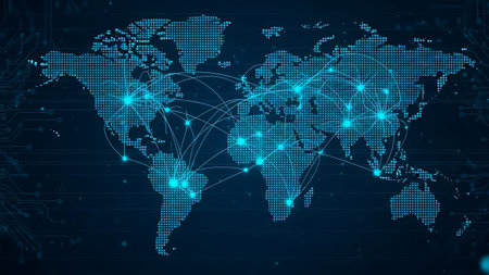 Digital world map with glowing network connections and data pointsの素材