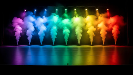 Row of colorful smoke plumes illuminated by stage lightsの素材