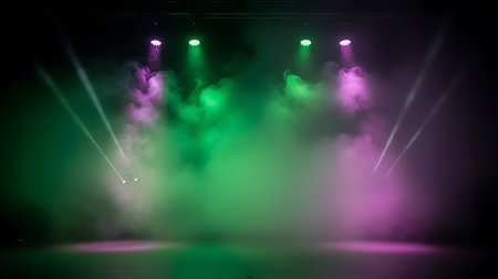 Stage lighting with green and magenta beams cutting through smokeの素材
