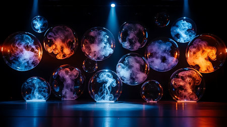 Abstract glowing orbs with colorful smoke and dramatic lightingの素材
