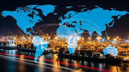 Global logistics and shipping network over a busy port at nightの素材