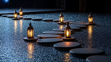 Path of glowing lanterns on stepping stones across water at nightの素材