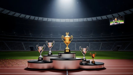 Podium with gold trophy and smaller awards under stadium lightの素材