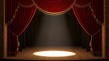 Empty theater stage with dramatic red velvet curtains and spotlightの素材