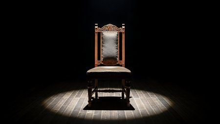 Antique wooden throne chair illuminated by a spotlight on stageの素材