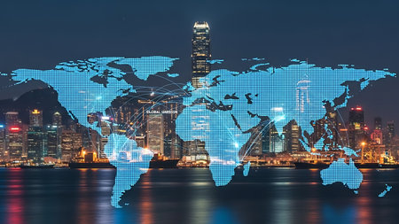 Digital world map overlaying a modern city skyline at nightの素材