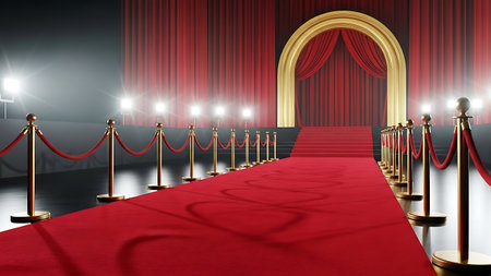 Red carpet event entrance with velvet rope stanchions and archwayの素材