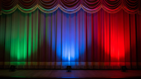 Stage curtain illuminated by vibrant green, blue, and red spotlightsの素材