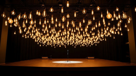 Empty stage illuminated by a dramatic canopy of hanging incandescent light bulbsの素材