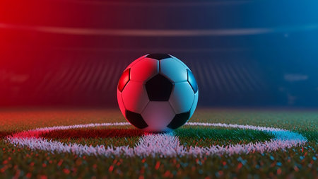 Soccer ball on the field corner spot under dramatic stadium lightの素材