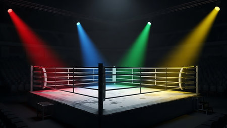 Boxing ring illuminated by four colorful spotlights in a dark arenaの素材