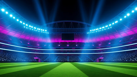 Empty soccer stadium with bright blue and pink neon lights at nightの素材