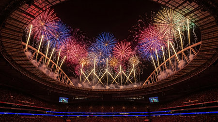 Spectacular fireworks display illuminating a large stadium at nightの素材