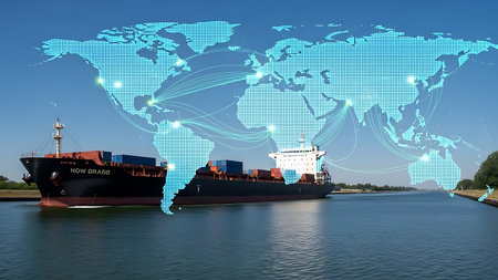 Container ships moving through canal with digital world map overlayの素材