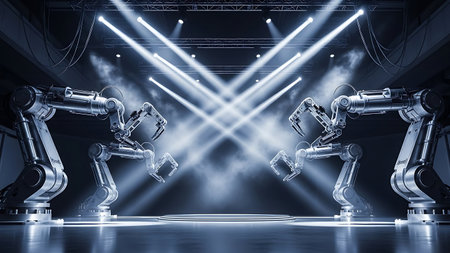 Two industrial robot arms performing a synchronized dance under spotlightsの素材