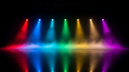 Row of colorful stage lights illuminating smoke and wet floor reflectionの素材