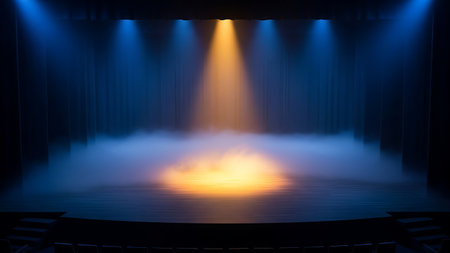 Empty theater stage illuminated by dramatic blue and orange spotlightの素材