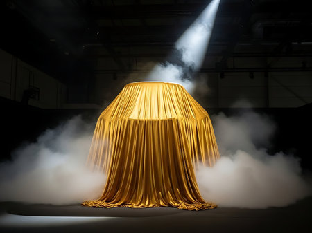 Dramatic reveal of a covered object under a spotlight with smokeの素材