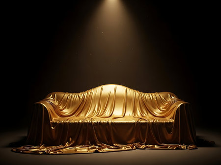 Golden sofa covered with silk cloth under spotlight in dark roomの素材