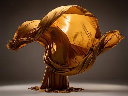 Abstract golden flowing fabric sculpture illuminated against dark backgroundの素材